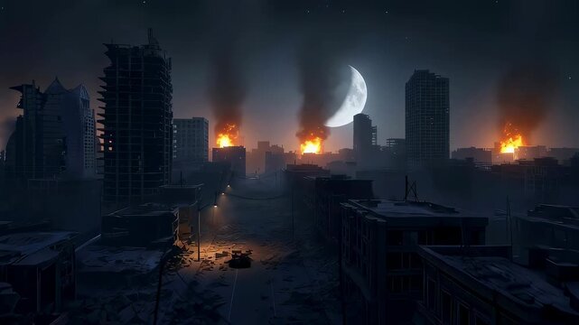 Destroyed city at night during war. Ruins of buildings engulfed in fire and thick smoke under moon. Military conflict aftermath in urban environment disaster.