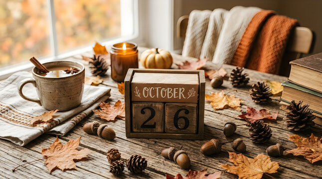 Autumn still life with calendar cozy october 26th scene