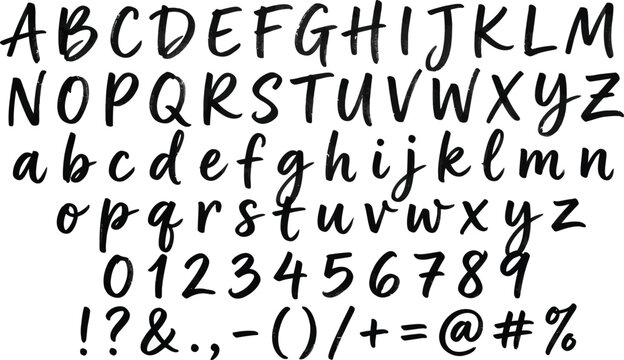 Handwritten Brush Script Alphabet Vector Set - Modern Calligraphy Letters, Numbers, and Symbols for Graphic Design, Branding, and Creative Invitations - Elegant Black Ink Typography