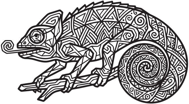 Chameleon line art with intricate geometric patterns and curled tail tribal style lizard vector illustration for coloring book and decorative design