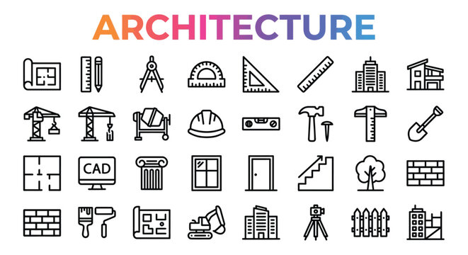 Architecture Icons Collection Flat Line Style Vector Graphics