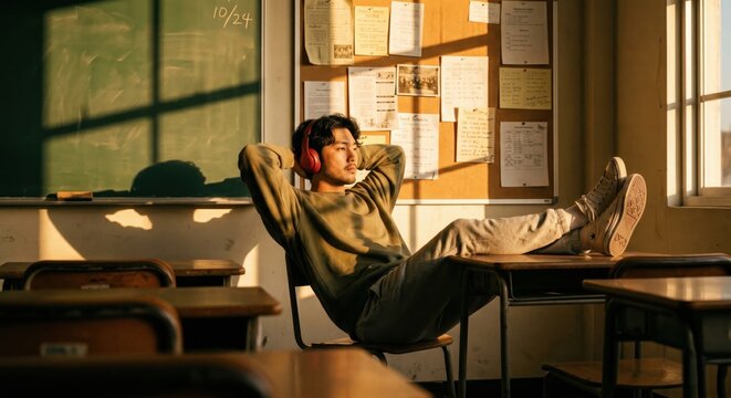 Relaxed young man in red headphones sitting with feet up on a desk in an empty old classroom at sunset