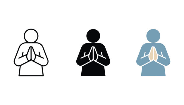 Person praying with hands together in namaste gesture icon set for mindfulness spirituality and meditation themes