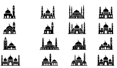 Islamic Mosque Silhouette Black Icon Vector Illustration Set Featuring Diverse Arabic Architecture Minarets and Domes for Ramadan Kareem and Eid Mubarak Graphic Designs © Begum