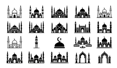 Islamic Mosque Silhouette Icon Collection Vector Graphic Set with Traditional Arabic Architecture Elements and Minarets for Ramadan Mubarak and Eid Religion Designs © Begum