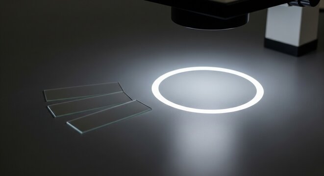 A clean laboratory setup showing a bright glowing ring of light under a microscope lens next to three clear glass slides on a gray table.