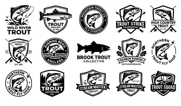 Vintage Trout Fly Fishing Emblem and Logo Vector Set Featuring Black and White Fishing Club Badges Shields and Insignias with Jumping Salmon and Trout Artwork
