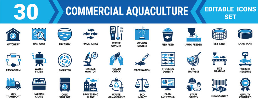 Set of 30 commercial aquaculture icons representing fish farming equipment and processing operations , Editable Vector Illustration Mega pack