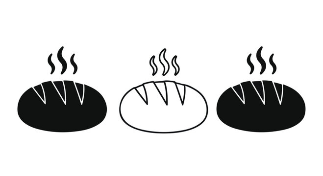 Three steaming loaves of bread with crusty tops and rising steam in a simple black and white illustration