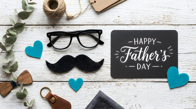Happy father's day photo booth props on white wooden table