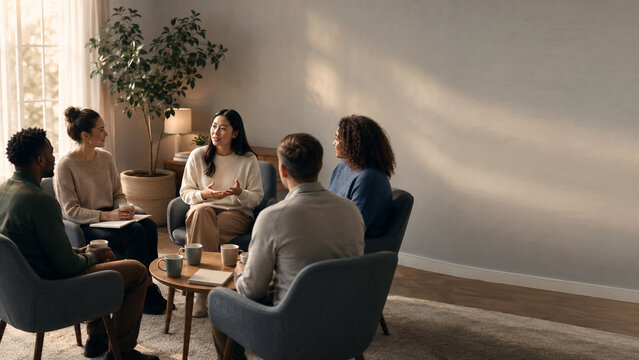 Diverse group of young people sitting in a circle having a supportive conversation in a cozy room