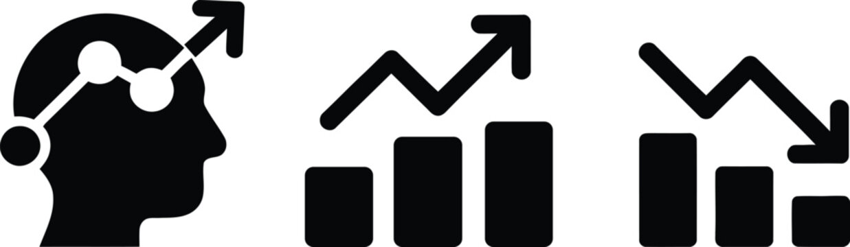 Person thinking with increasing and decreasing bar chart icons