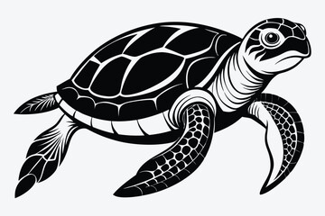 Naklejka premium Black and white illustrated vector art of a swimming sea turtle on a white background.