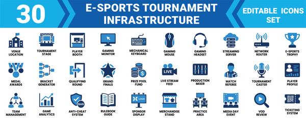 Set of 30 e-sports tournament infrastructure icons featuring gaming equipment and event management , Editable Vector Illustration Mega pack © Sumon Sorkar