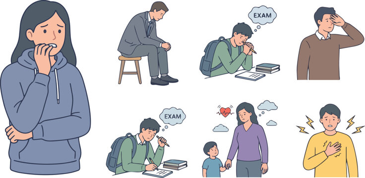 Anxiety Mental Health Human Character Vector Set Flat Illustration
