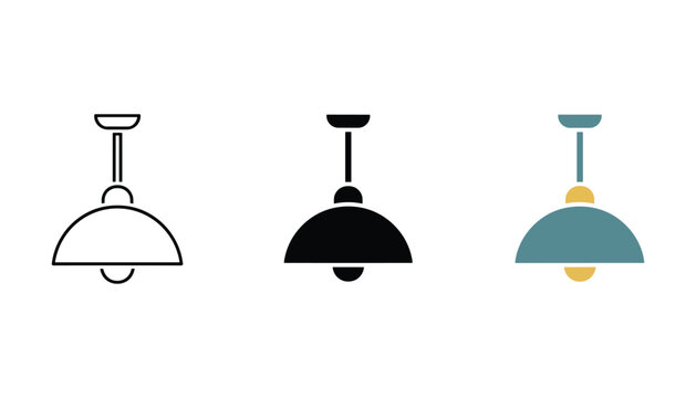 Pendant lamp icon set for interior lighting design showing modern hanging light fixture in outline solid and blue yellow color styles for architectural and home decor