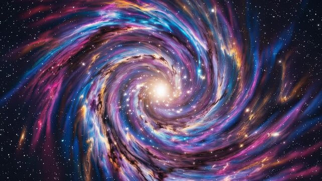Vibrant spiral galaxy in deep space with swirling colorful nebulae and bright star clusters 4k video