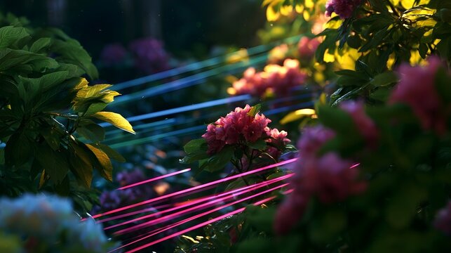 A dynamic blend of digital streams and neon grids surrounded by lush greenery and vibrant blooms with warm sunlight and cool tones