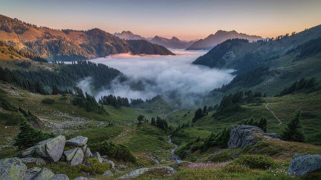 Time-lapse of thick fog rolling through a mountain valley at sunrise. Warm morning sunlight illuminating high alpine peaks and green slopes. Dramatic weather in rugged wilderness environment