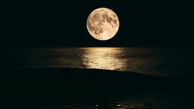 Full moon rising over the calm ocean surface at night, creating a beautiful golden reflection on the water 4k video