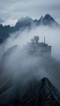 Military radar station on a foggy mountain peak. Surveillance facility outpost in clouds. Strategic defense base at high altitude for monitoring region territory. Vertical video