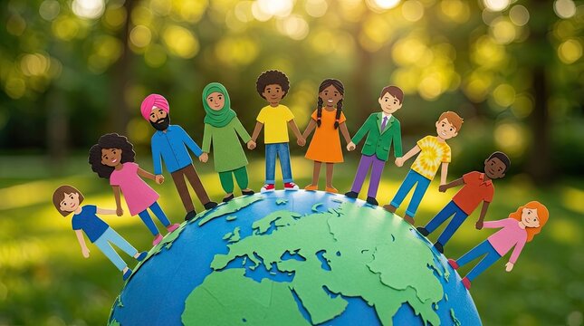 Friendship day background diverse children holding hands around the globe unity illustration