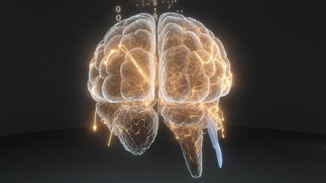Glowing 3D digital brain rotating with falling binary code. Artificial intelligence and neural network animation. Futuristic machine learning and computing concept