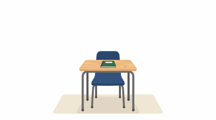 Fototapeta premium Minimalist vector illustration of a wooden student desk and blue chair with a green notebook and yellow pencil on top, facing front on white background.