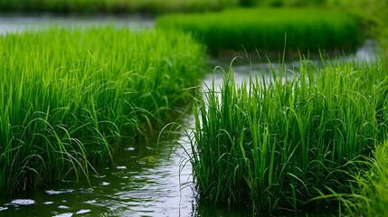 Fototapeta premium A serene and elegant view of a lush rice paddy reflecting gentle water waves and soft foam
