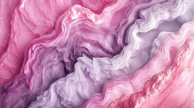Macro abstract background of polished pink onyx, alabaster or calcite mineral cross-section with deeply layered fuchsia, rose, lavender, and white wavy bands. Luxury feminine background