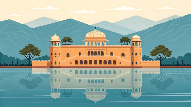 Jal Mahal, Jaipur, India, modern limited color vector illustration, palace floating on lake, geometric reflections, flat design
