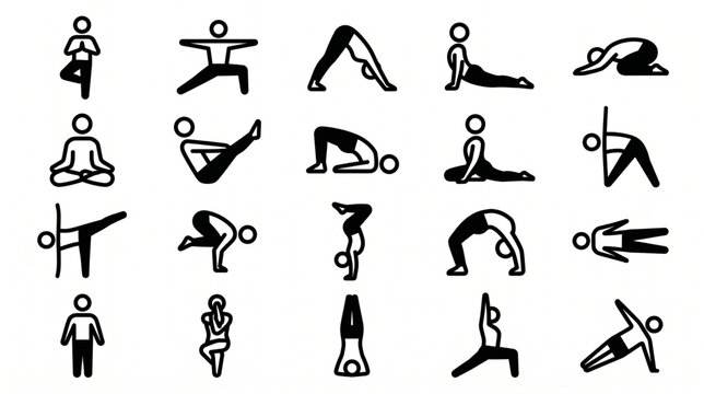 Yoga Poses and Asanas Thick Outline Icon Set with Tree Pose, Warrior, Downward Dog, Cobra, Boat Pose, Handstand, Wheel, and Side Plank Vector Illustration