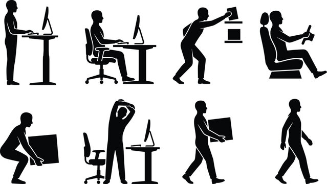 Set of black silhouettes showing ergonomic workplace postures ergonomics training correct lifting sitting standing stretching and walking stick figures