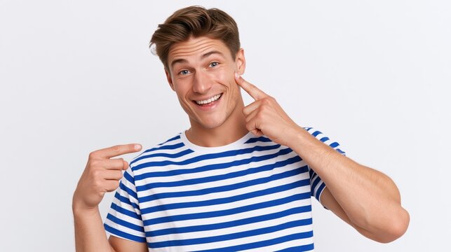 Young man in striped t-shirt points to his cheek with a happy expression