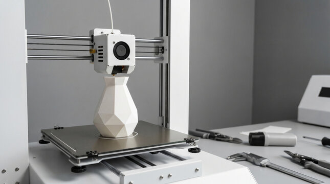 3D printer creating a white geometric vase on a metal print bed in a modern workshop environment