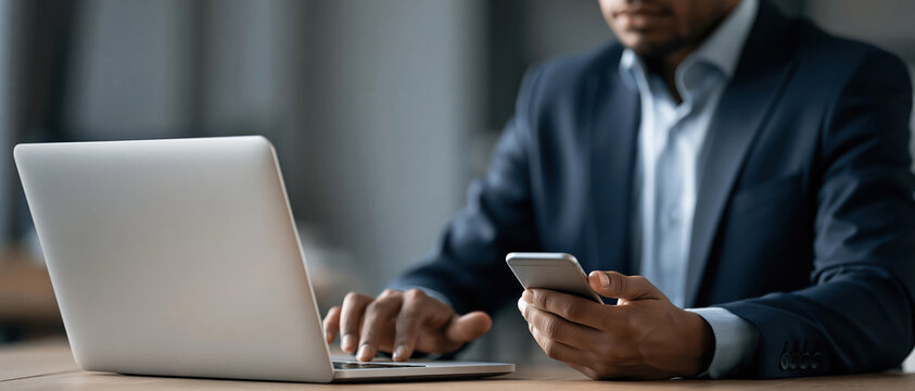 Future forward professional multitasking with AIpowered laptop and smartphone, embodying digital transformation and innovation. Ideal for fintech, consulting, and enterprise technology.