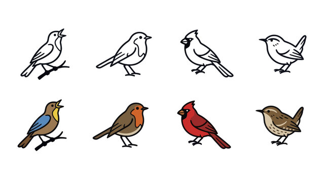 Collection of songbirds featuring various species including cardinal and robin in outline and color styles
