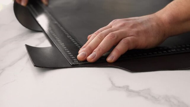 Craftsman measuring and marking genuine black leather with a square ruler and an awl for a handmade product in a workshop