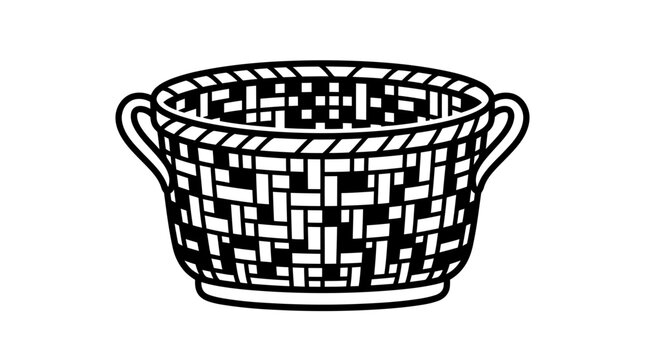 A black and white line art illustration of a woven basket with two side handles.
