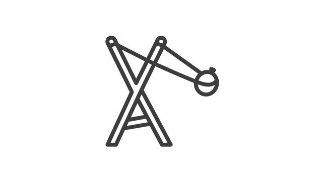 A simple line art illustration of a wooden catapult with a projectile.