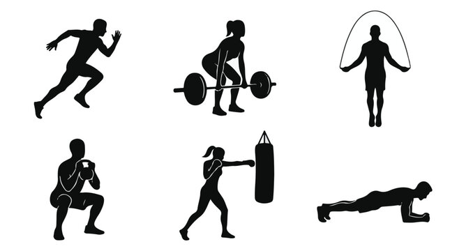 Black silhouette of a trainer squatting in a fitness pose