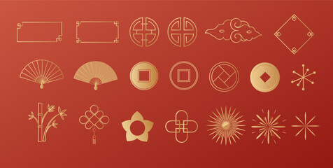 Naklejka premium Elegant Chinese icon collection in golden outline style, traditional Asian decorative vector elements