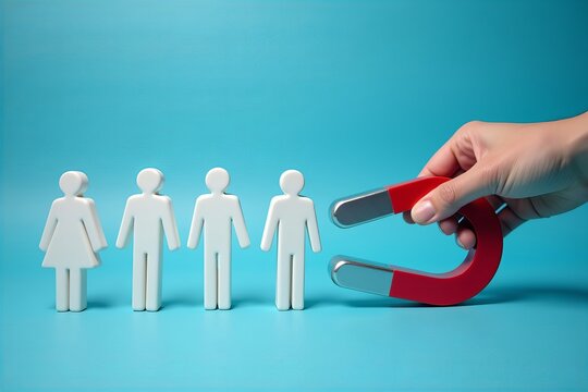 Close-up of a hand using a horseshoe magnet to attract white human figures against a blue backdrop, symbolizing attraction, magnetism, and staffing strategies.