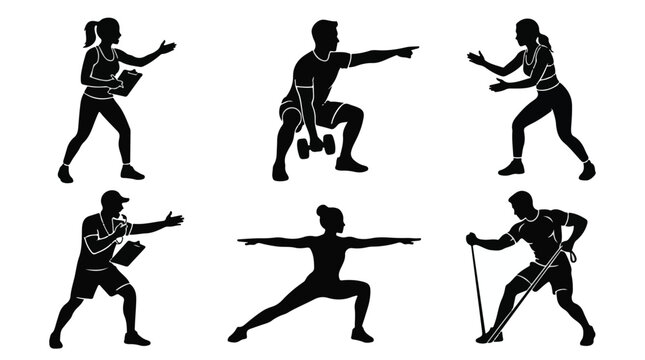 Black silhouette of a trainer squatting in a fitness pose