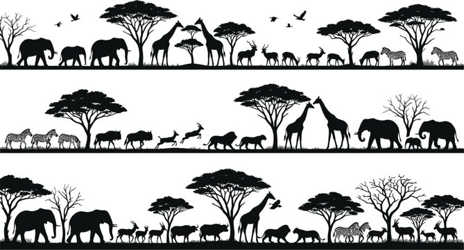 African Savannah Silhouette Pattern With Wildlife And Acacia Trees