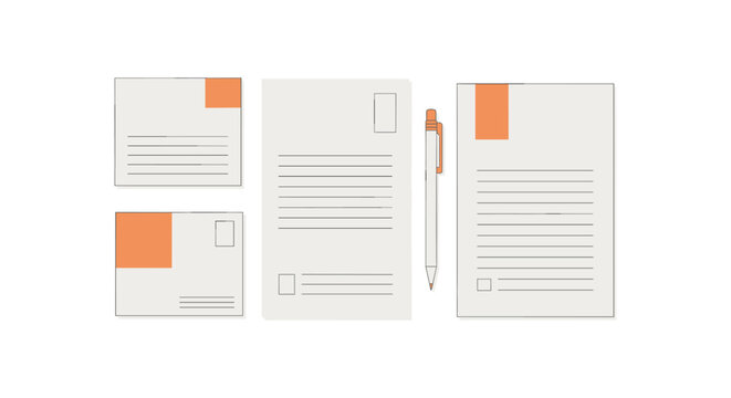 Corporate branding identity set with letterhead envelopes and pen in minimalist flat style.