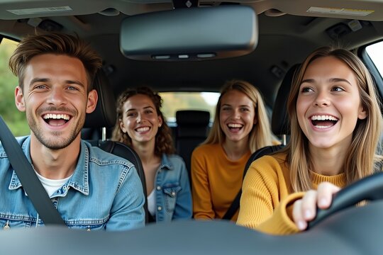 Diverse group of young friends joyfully smiling and enjoying a road trip together in a car.