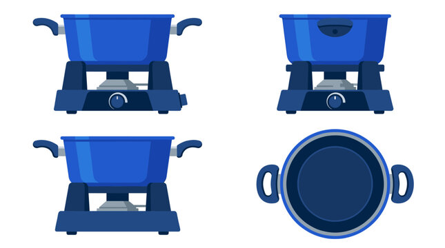 Fondue pot kitchen appliance with front side rear and top views vector illustration