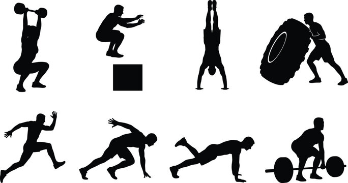 Black silhouette boxing and mixed martial arts fighter vector set featuring combat poses and boxing glove
