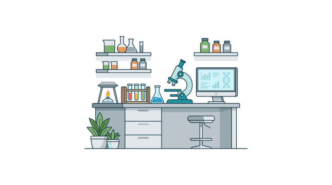 Modern chemistry lab station with computer monitor microscope and diverse glass containers.